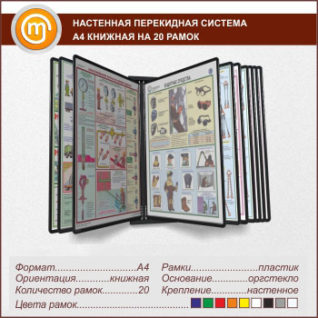 Настенная перекидная система А4 на 20 рамок книжная