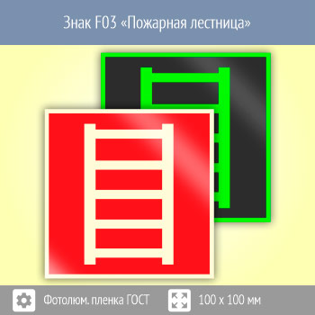 Знак F03 «Пожарная лестница» (фотолюминесцентная пленка ГОСТ 34428-2018, 100х100 мм)